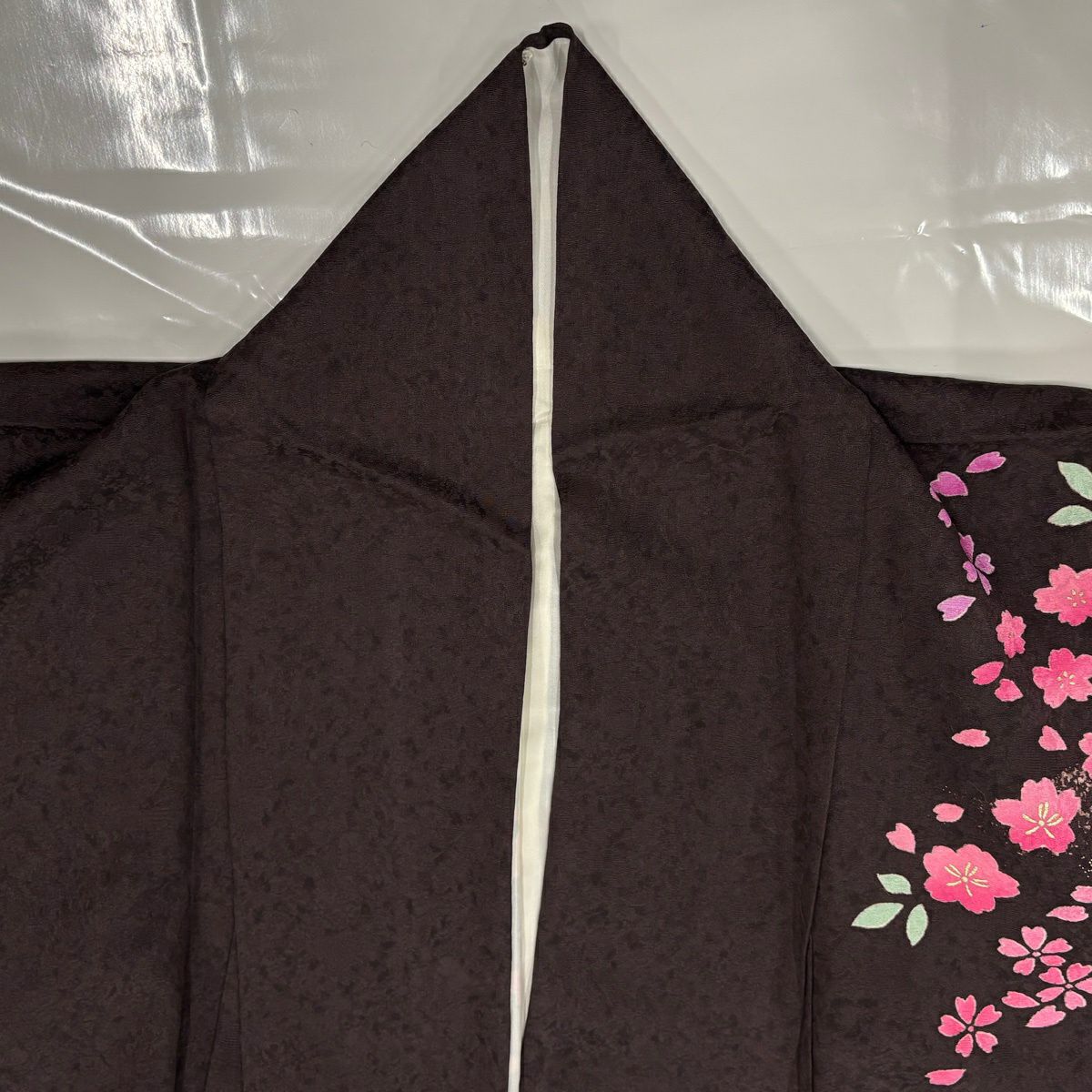振袖禮服 身長167.5cm 袖長67.5cm L 雙層 草花紋紋 霞 金金箔 金銀彩 焦茶 純蠶絲 秀品級