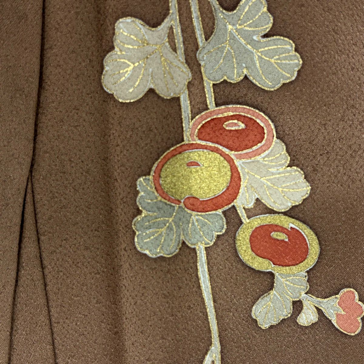 付下 身長158cm 袖長64.5cm M 雙層 萬壽菊花 蔓帶 金絲 金銀彩 茶 純蠶絲 秀品級