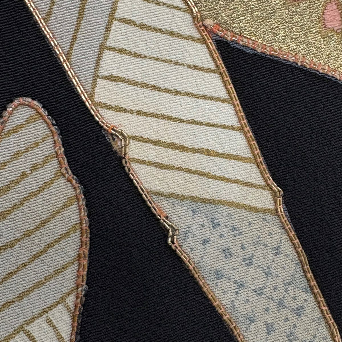 付下 身長154.5cm 袖長64cm M 雙層 笹 梅花 刺繡 金彩裝飾 黑 純蠶絲 秀品級