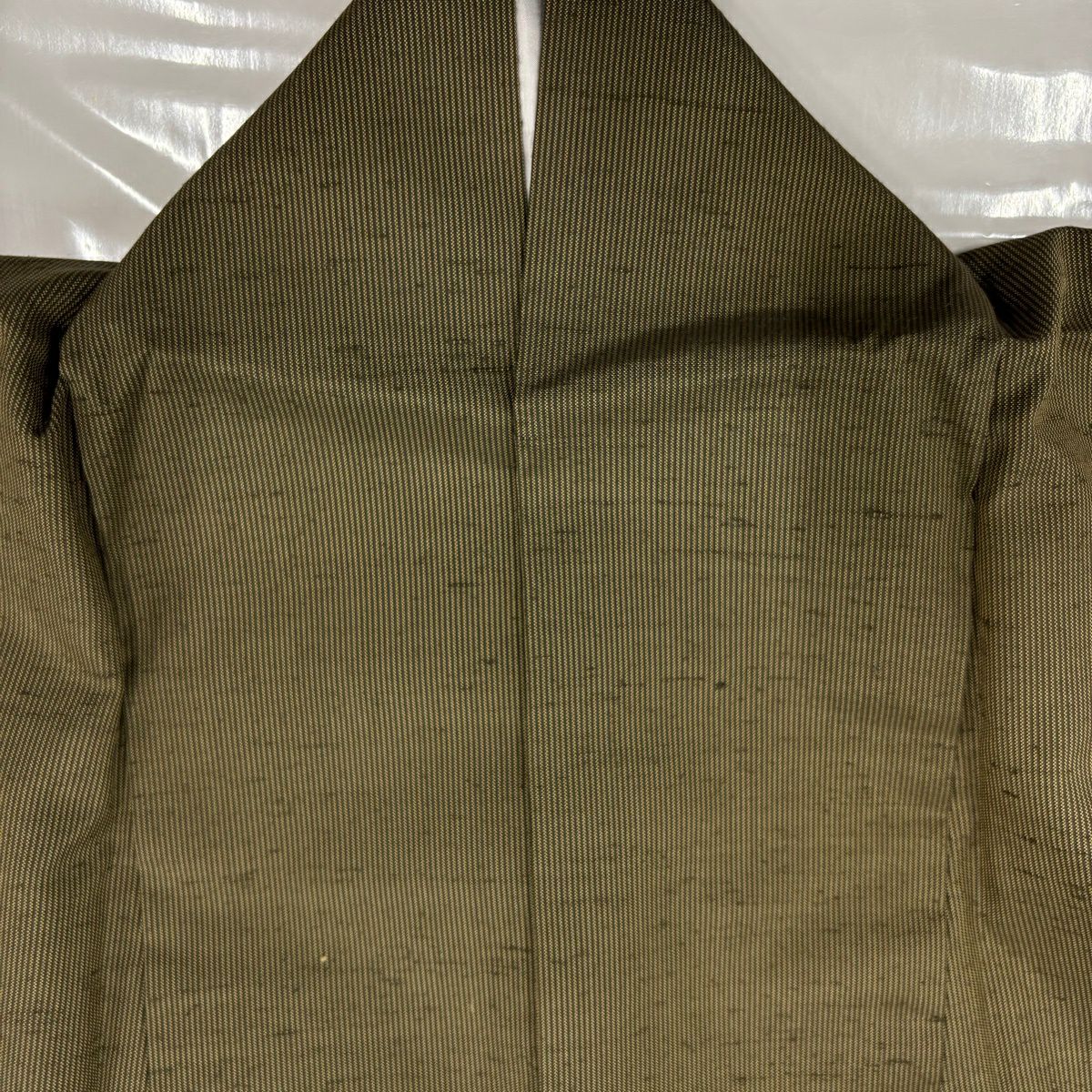 【美品】 紬織 身長157.5cm 袖長63cm S 雙層 縱條 茶綠 純蠶絲 秀品級
