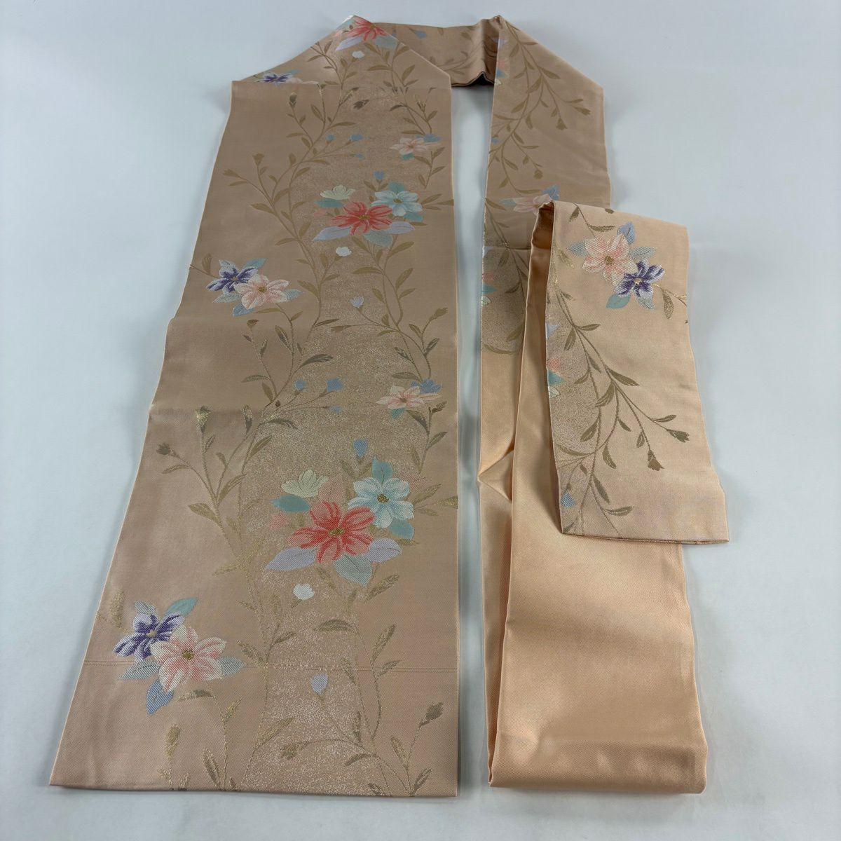 【美品】 名古屋帶 秀品級 草花紋 金銀彩 薄橙 純蠶絲