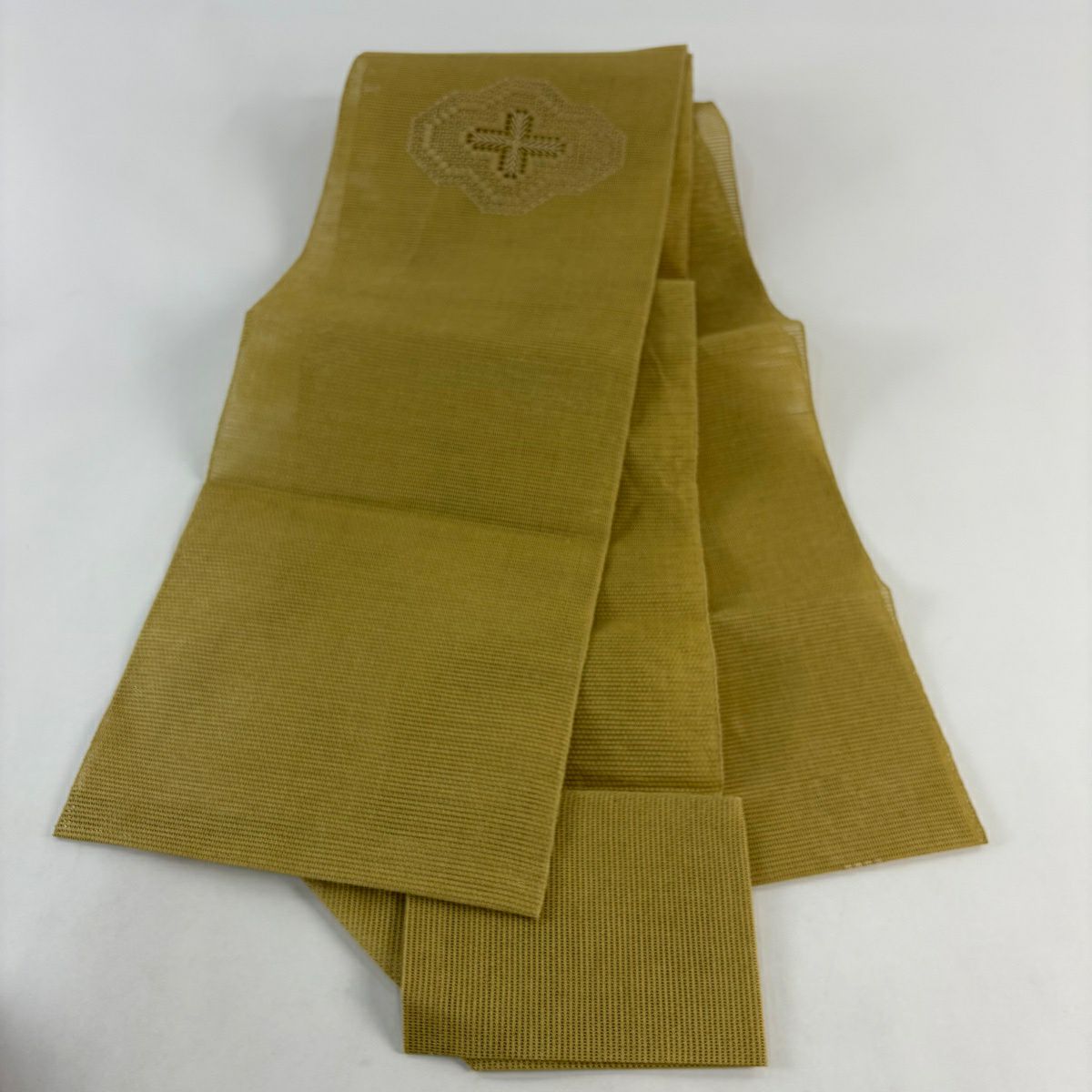 【美品】名古屋帶 秀品級 夏帶 八寸名古屋帶 松樹葉仕立 花 金糸 黃土 純蠶絲