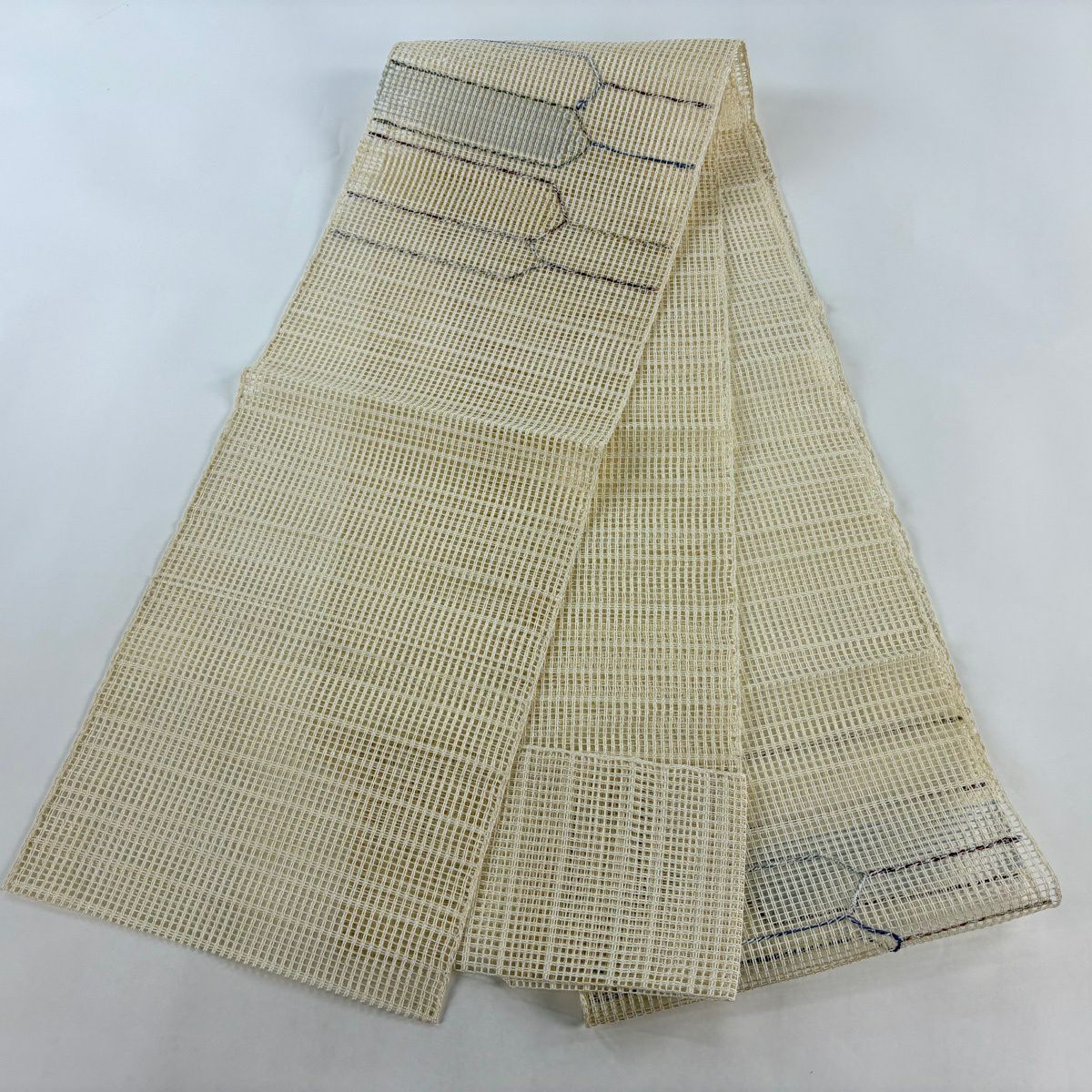 【美品】 名古屋帶 秀品級 八寸名古屋帶 松樹葉仕立 夏帶 羅 輪廓仕立 幾何圖案 米色 純蠶絲