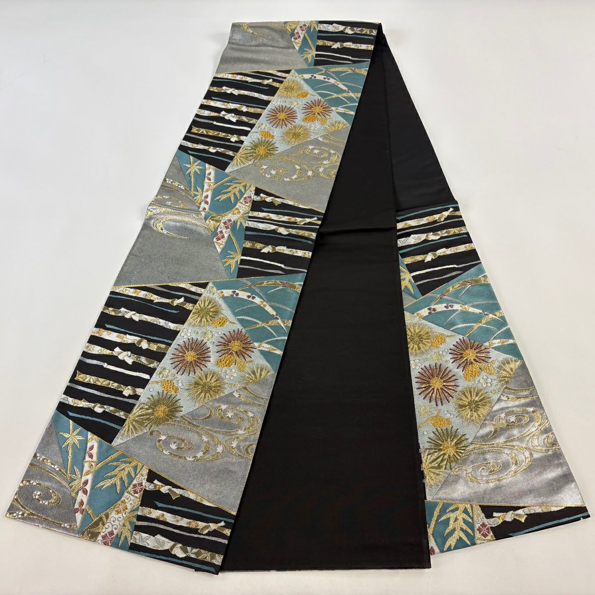 【美品】 袋帶 秀品級 松樹竹子梅花 束帶熨斗紋 金絲 金金箔 銀 六通 純蠶絲