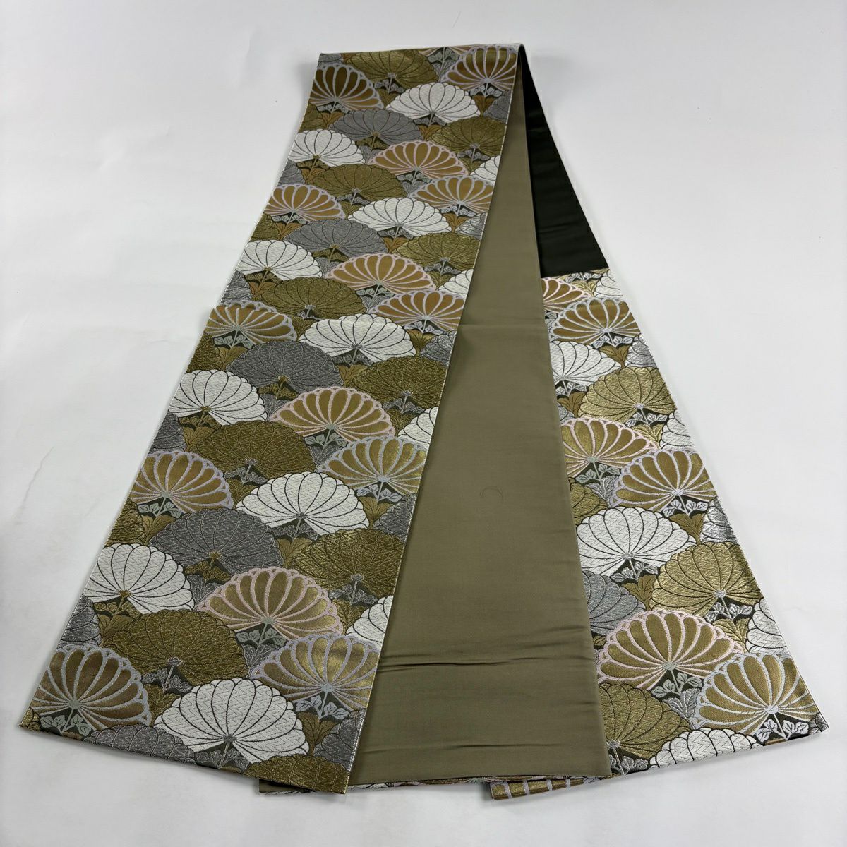 【美品】 袋帶 秀品級 證書附帶 唐織裝束裂 菊花 金銀線 唐織 灰綠 六通 純蠶絲