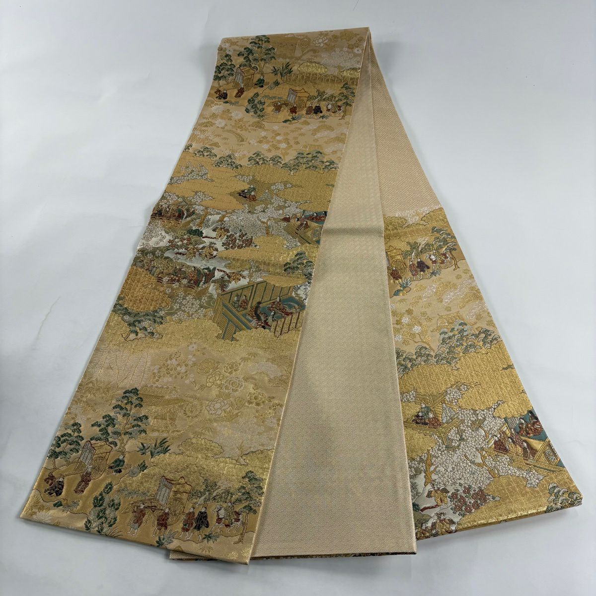 【美品】 袋帶 秀品級 胡蝶船樂文 人物 本金金箔 金色 六通 純蠶絲