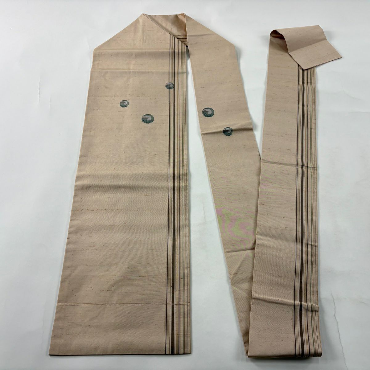 【美品】名古屋帶 秀品級 紬織織 波紋 縞紋 薄茶 純蠶絲