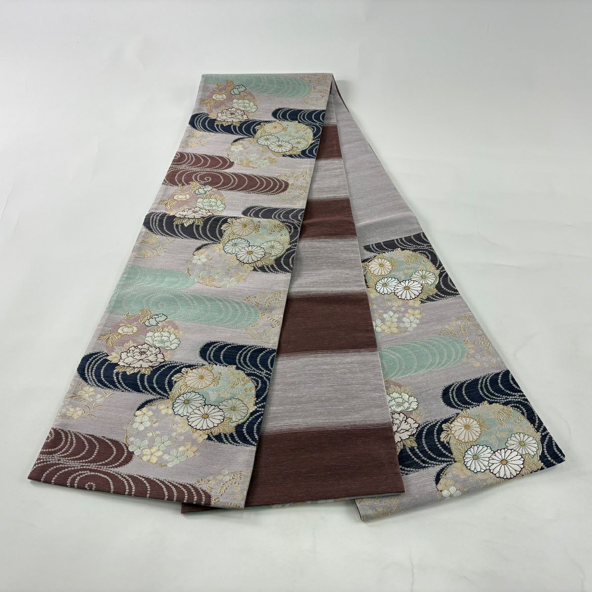 【美品】 袋帶 秀品級 花丸紋 観世水 金絲 金金箔 淺紫 六通 純蠶絲