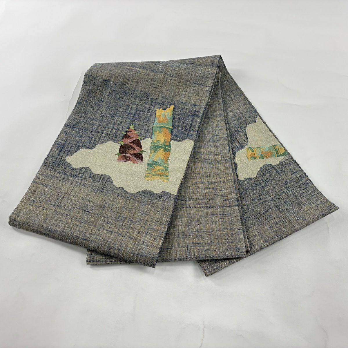 【美品】 袋帶 秀品級 紬織織 筍 金絲 青灰 深藍色 お太鼓圖案 純蠶絲