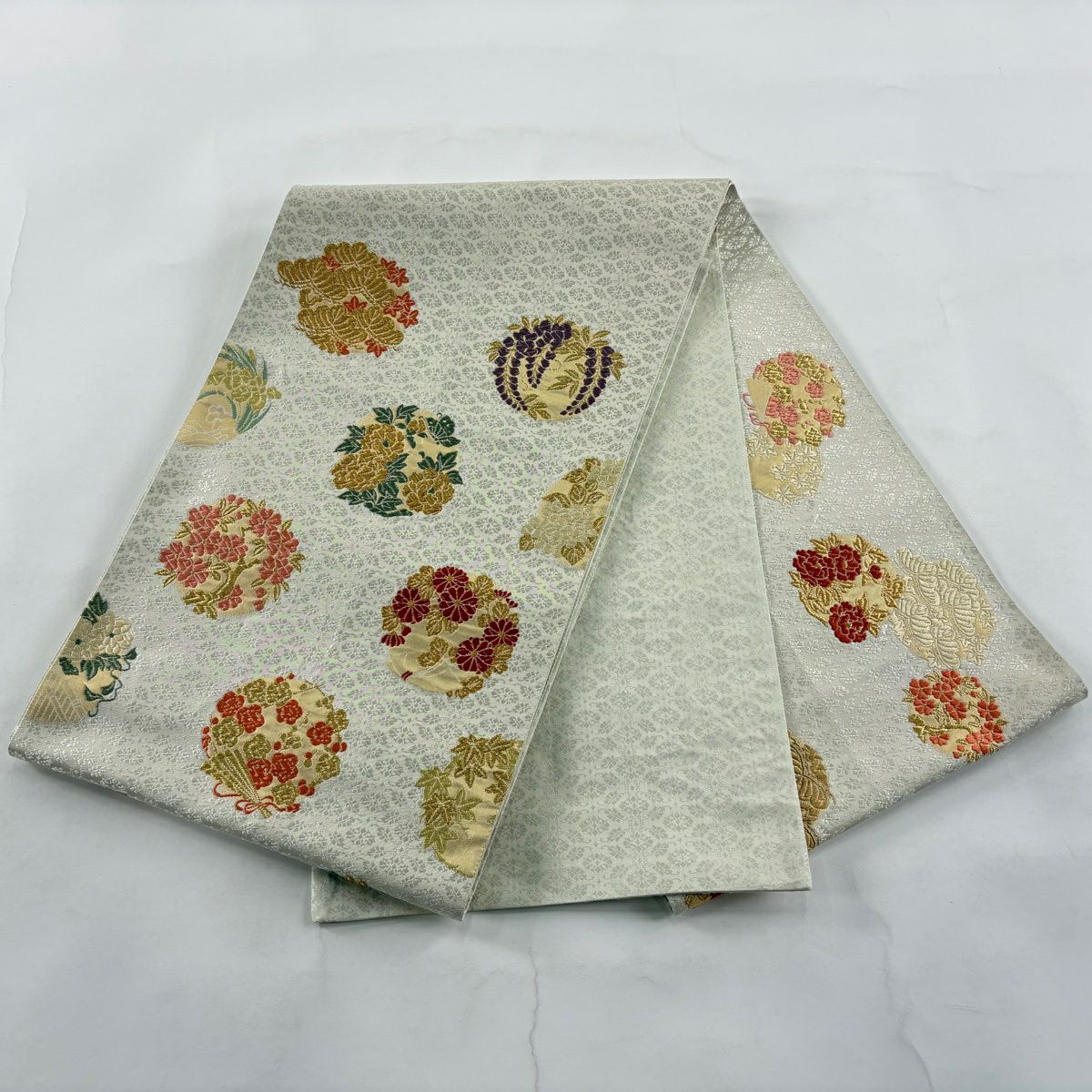 袋帶 秀品級 花丸紋 金絲 金金箔 奶油色 大鼓圖案 純蠶絲