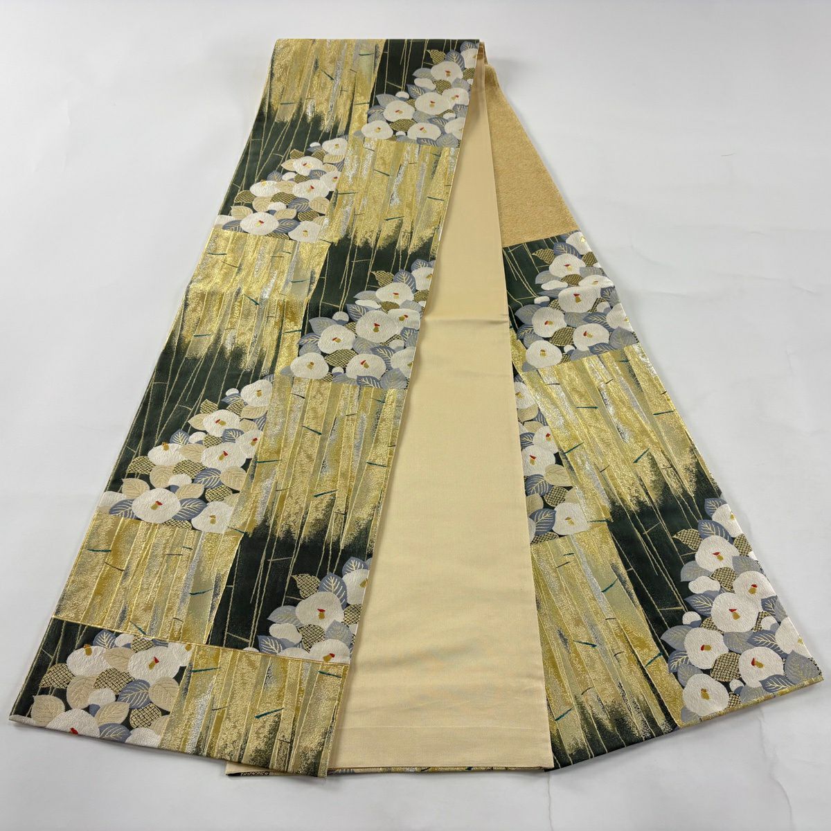 【美品】 袋帶 秀品級 椿 竹子 金絲 金金箔 綠 六通 純蠶絲