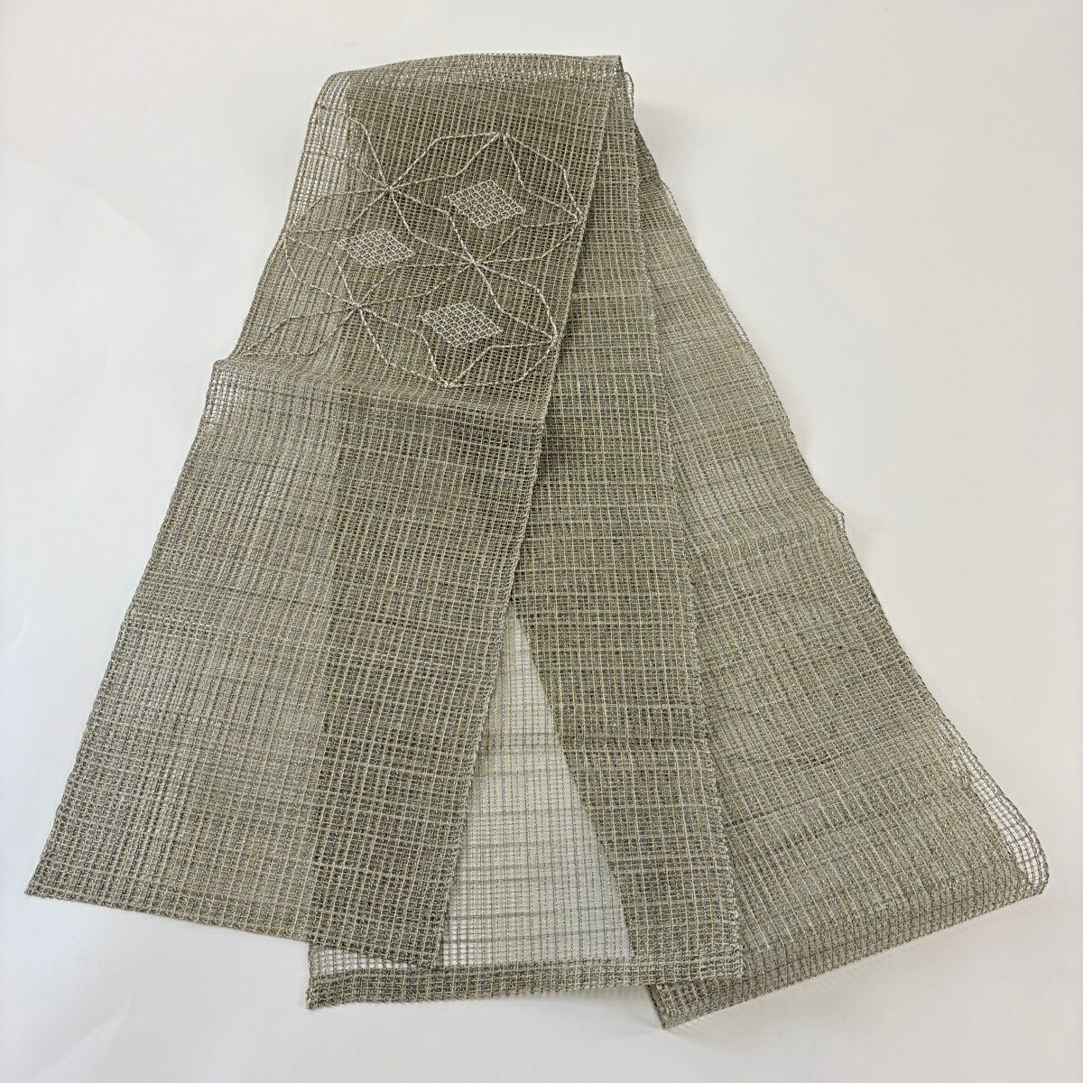【美品】名古屋帶 秀品級 夏帶 羅 八寸名古屋帶 七寶紋 菱 銀線 灰綠 純蠶絲