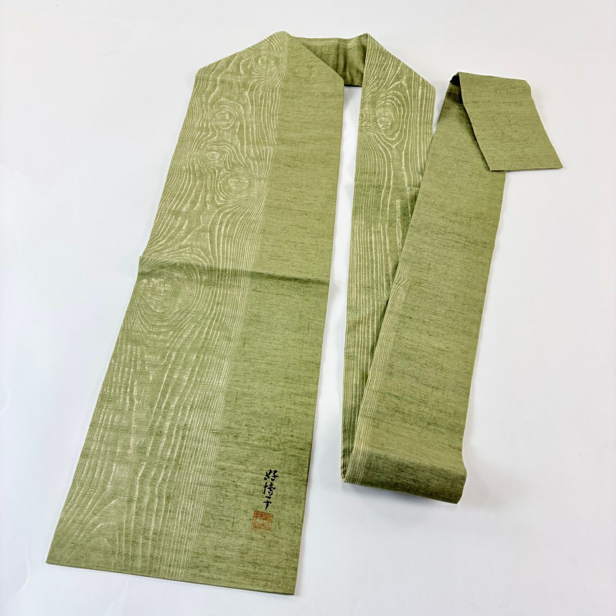 【美品】 名古屋帶 秀品級 附落款 紬織織 木紋 蓬色 純蠶絲