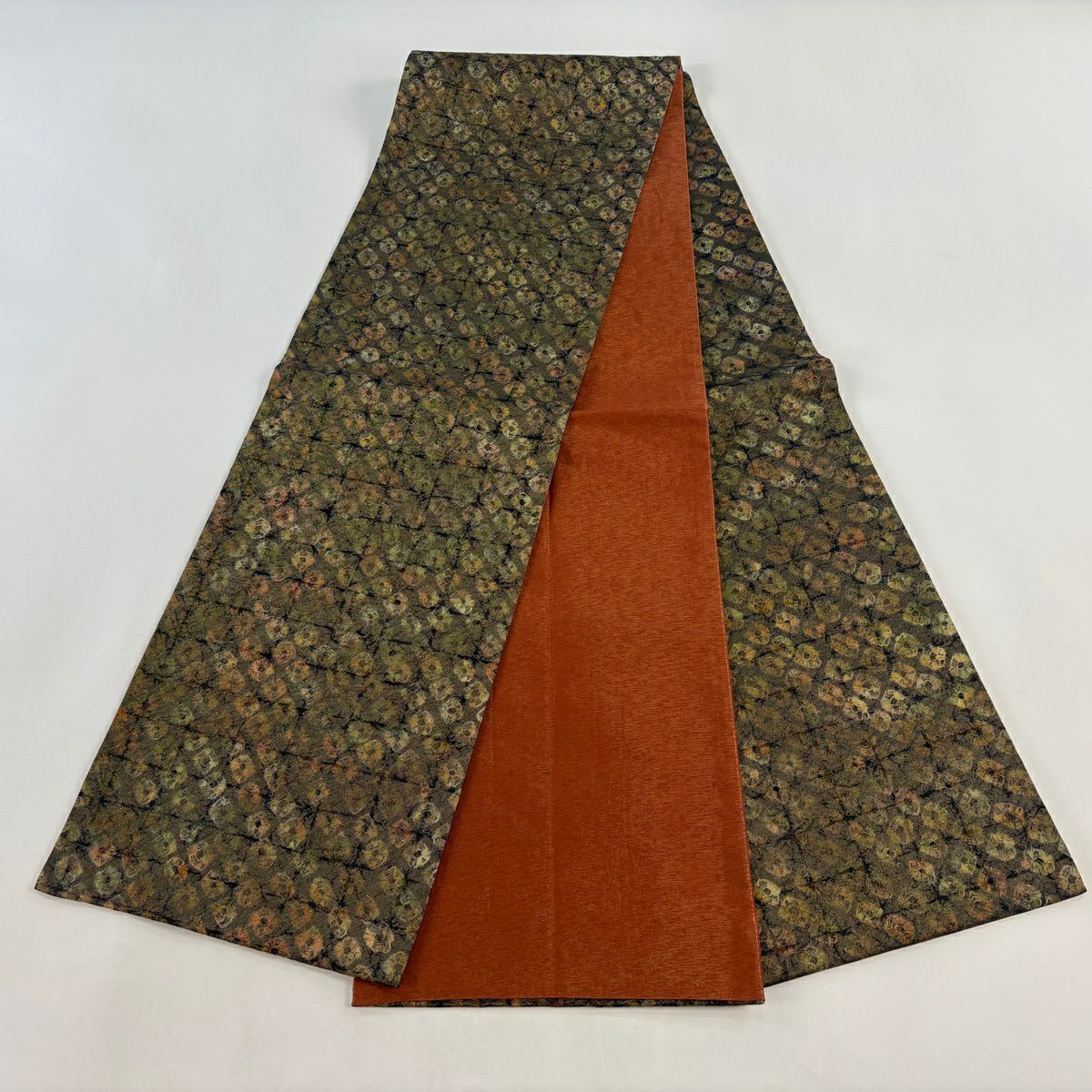 【美品】 袋帶 秀品級 幾何圖案 格子 金通 紅黑色 全通 純蠶絲