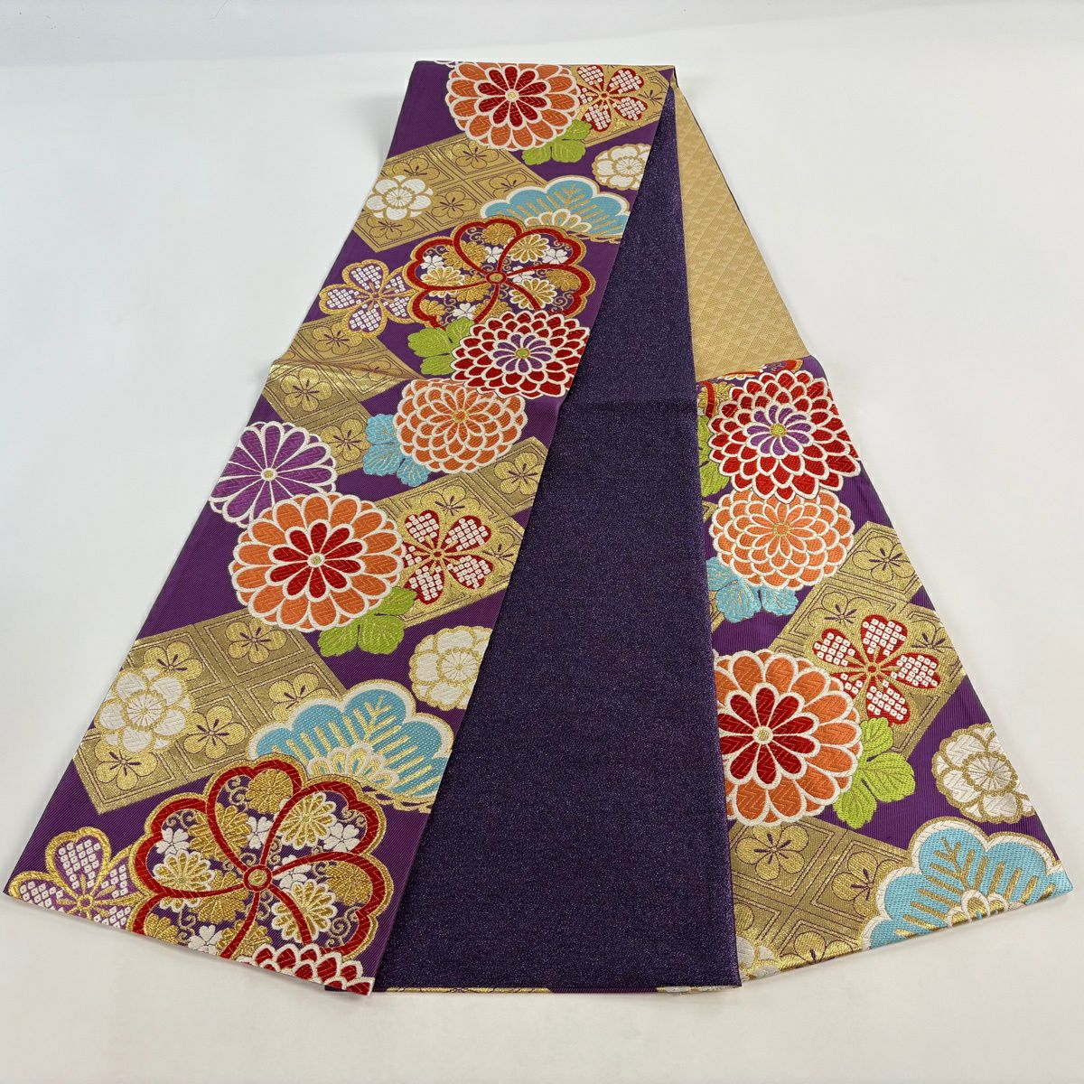 【美品】 袋帶 秀品級 振袖禮服禮服用 草花紋紋 笠松樹 金絲 金金箔 紫色 六通 純蠶絲