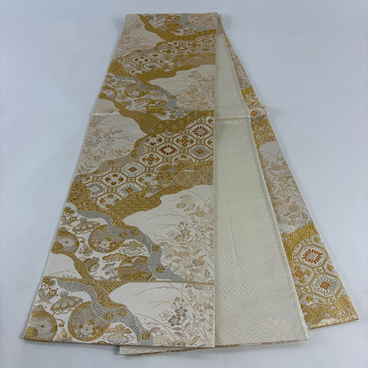 袋帶 秀品級 松樹竹子梅花 華紋 金銀絲 金金箔 奶油 全通 純蠶絲