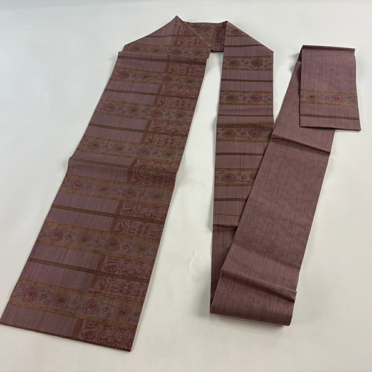【美品】名古屋帶 優品級 草花紋 橫段 灰紫 純蠶絲