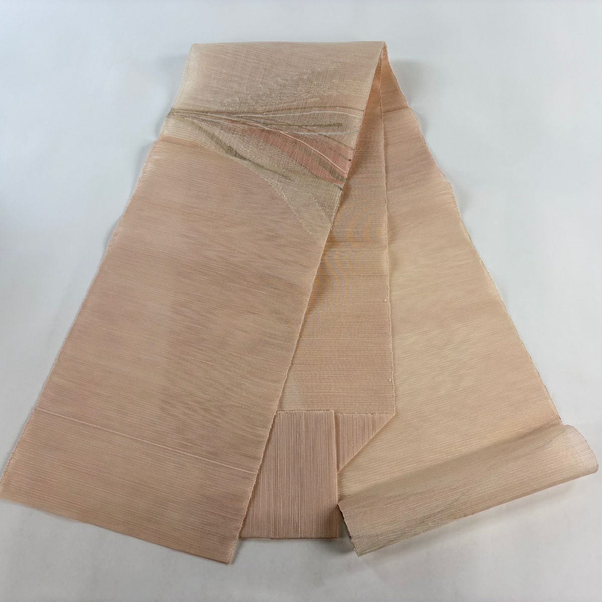 【美品】 名古屋帶 優品級 夏帶 八寸名古屋帶 松樹葉仕立 幾何學圖案 金銀彩 鮭粉色 純蠶絲