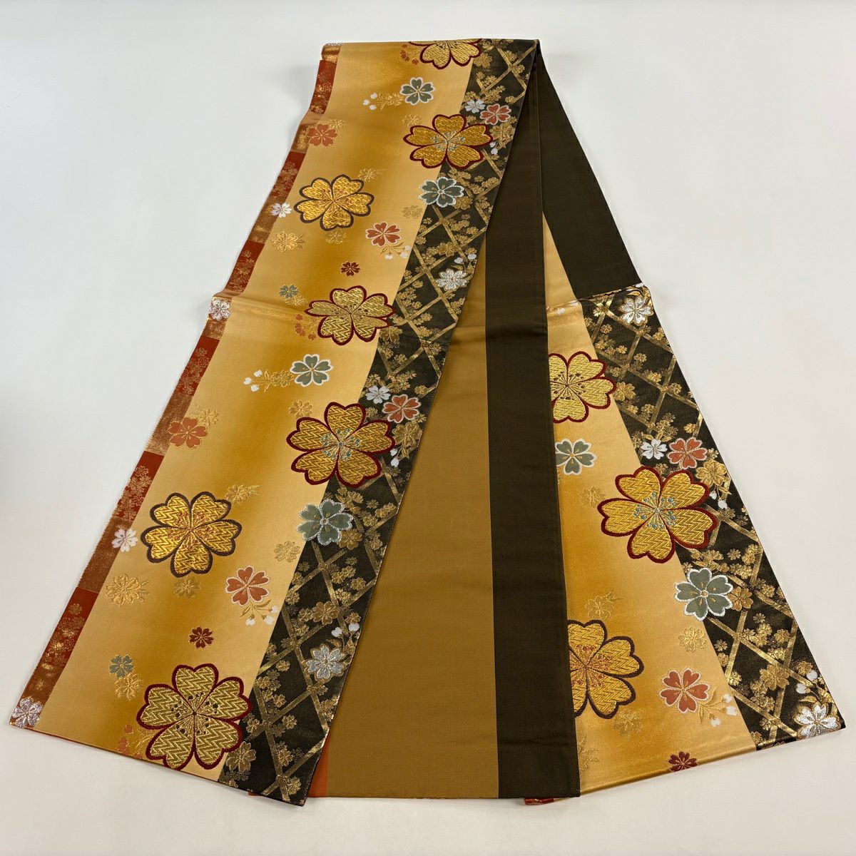 【美品】 袋帶 秀品級 振袖禮服禮服用 櫻花 金銀線 唐織 金色 六通 純蠶絲
