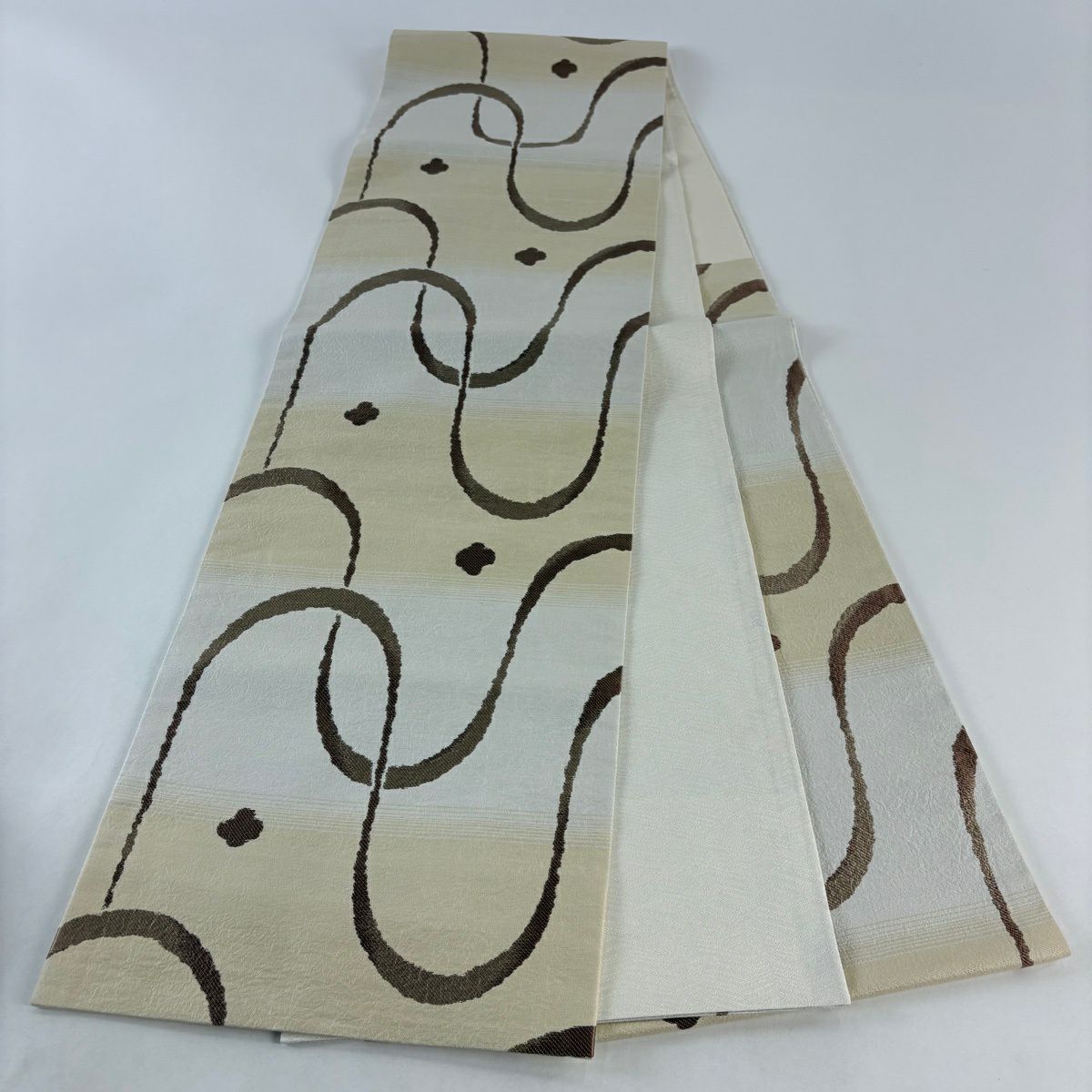 【美品】 袋帶 秀品級 幾何學 段漸變 奶油色 六通 純蠶絲