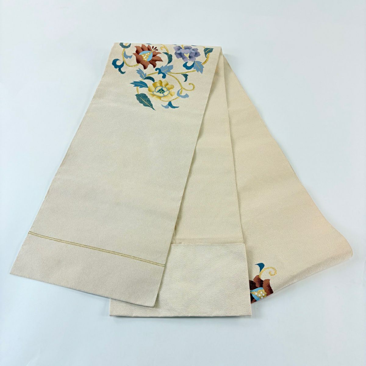 【美品】 名古屋帶 秀品級 松樹葉仕立 八寸名古屋帶 花唐草紋 金絲 米色 純蠶絲
