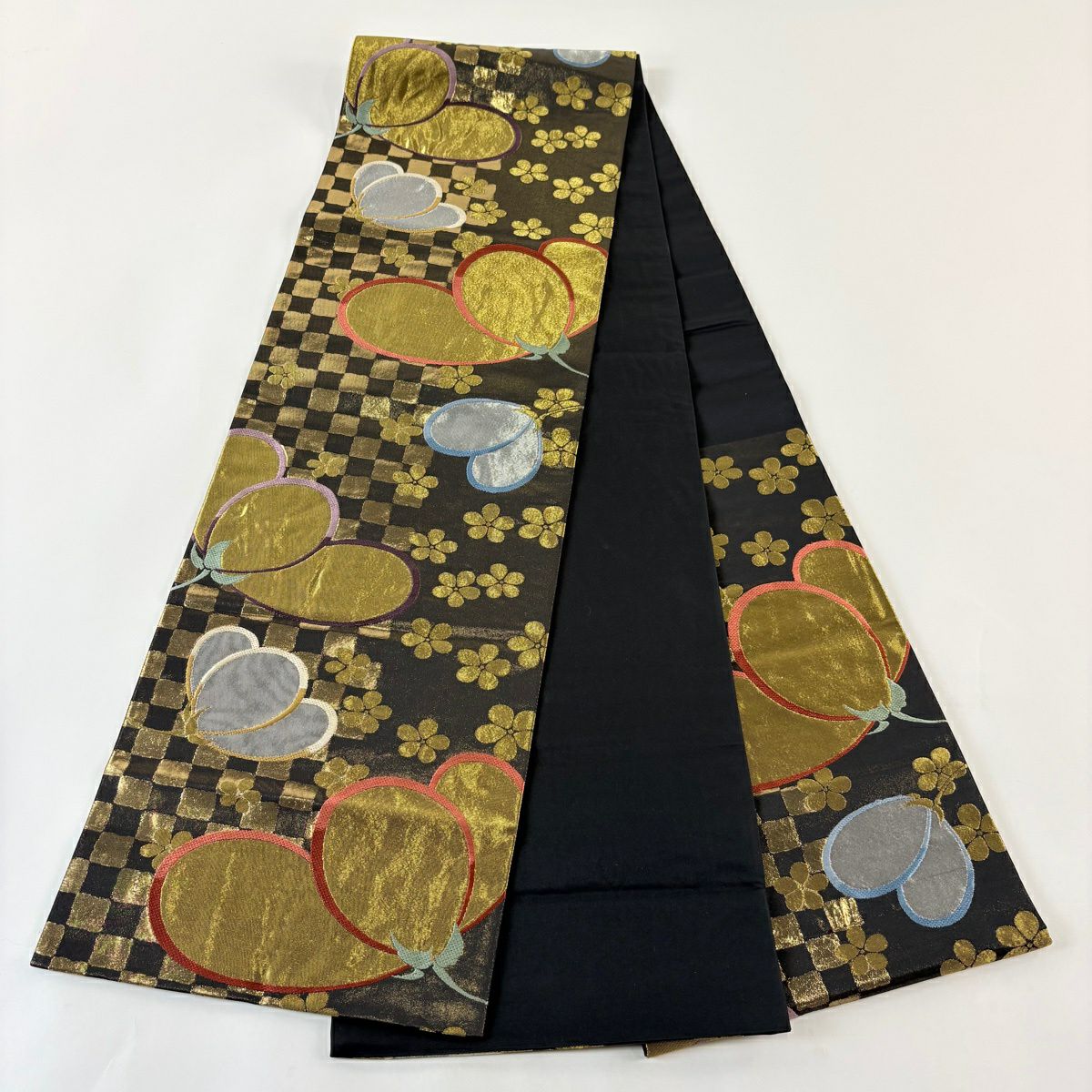 【美品】 袋帶 秀品級 梅花 市松樹 金銀絲 金金箔 黑 六通 純蠶絲