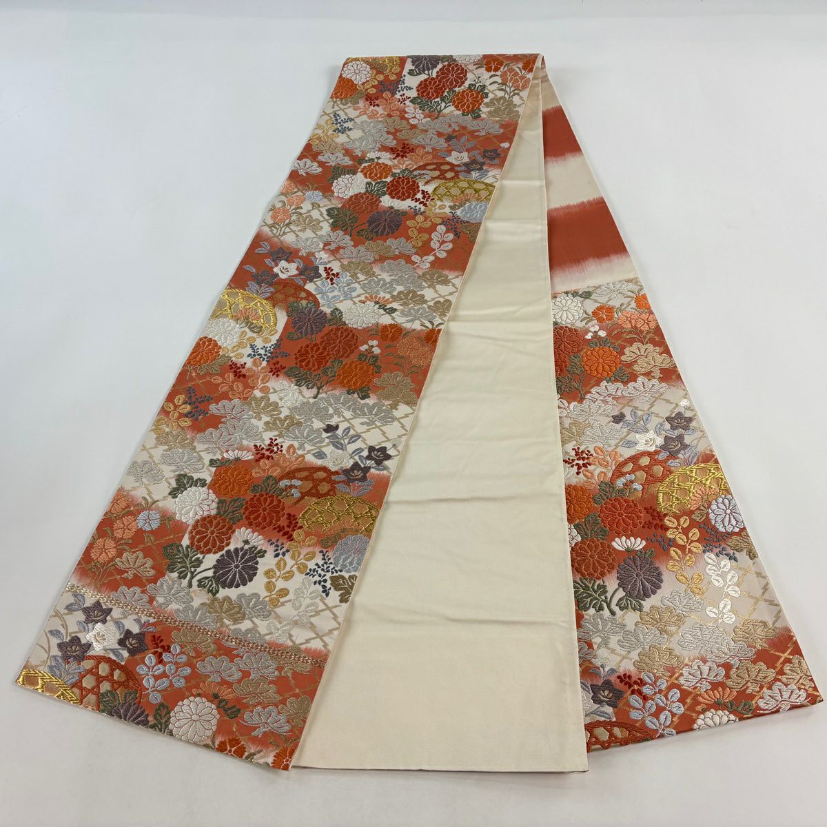 【美品】 袋帶 秀品級 秋草 松樹 唐織 金絲 朱 純蠶絲