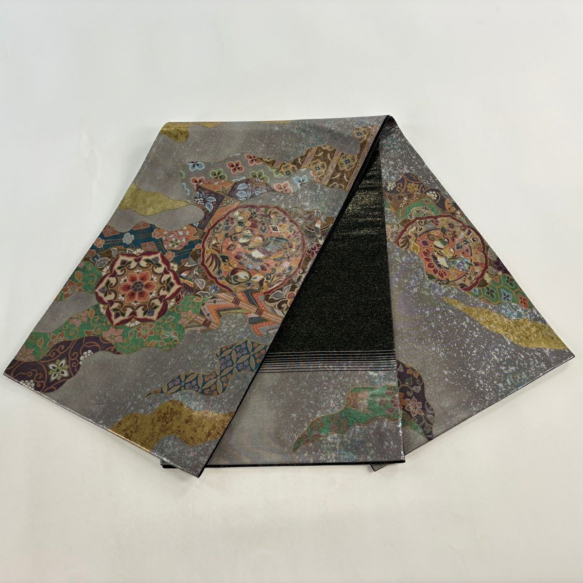 【美品】 袋帶 秀品級 道長取 華紋 螺鈿金金箔 灰 深藍色 お太鼓柄 純蠶絲