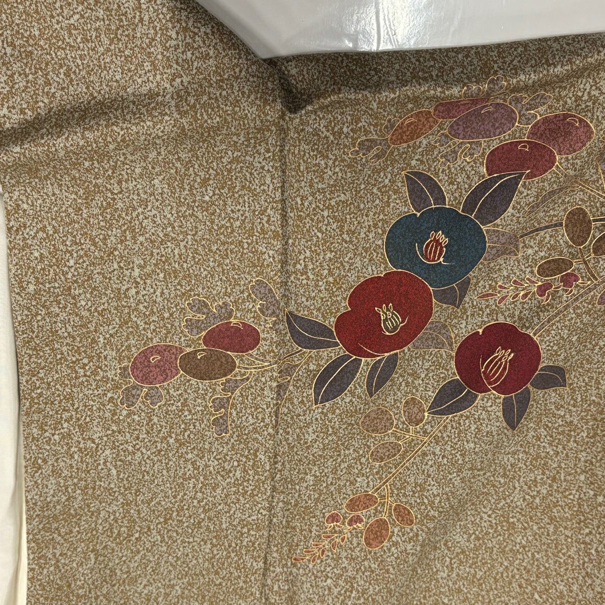 訪問服 身長154cm 袖長65cm M 雙層 椿 萬壽菊花 金彩裝飾 茶 純蠶絲 秀品級