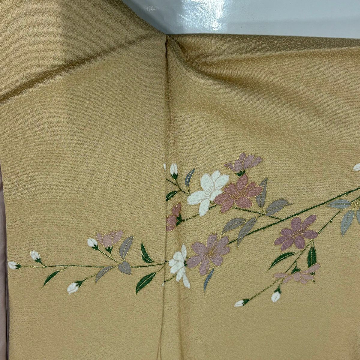 【美品】訪問服 身長163cm 袖長68cm L 雙層 草花紋紋 扇子子 金彩裝飾 染分 裸色 純蠶絲 秀品級