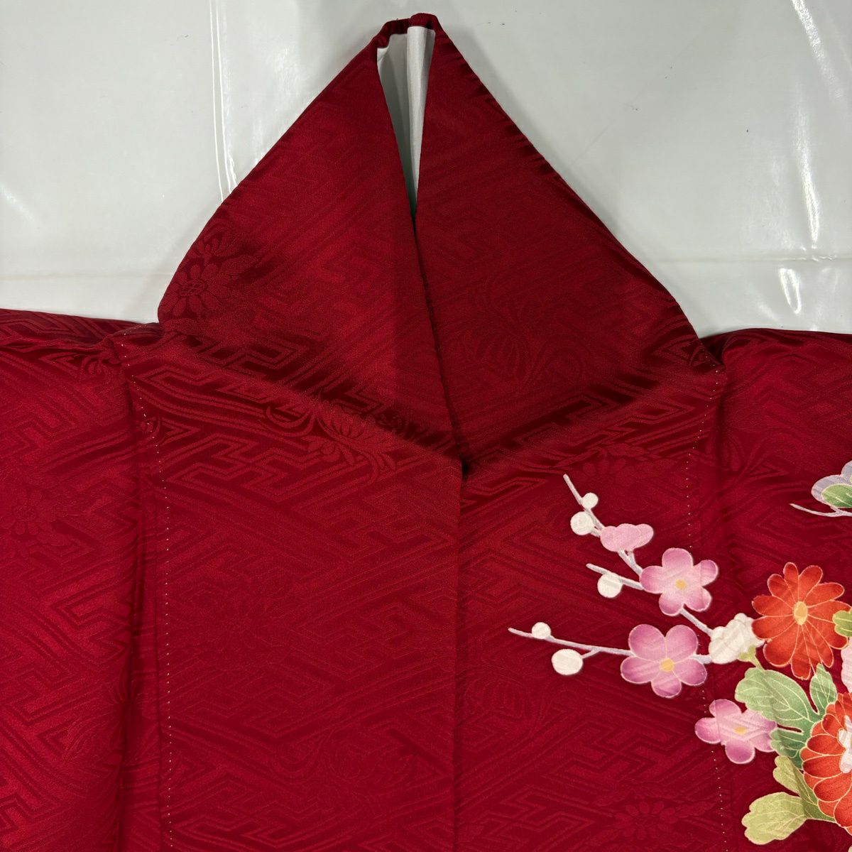 振袖禮服 身長161cm 袖長62cm S 雙層 松樹梅花 熨斗紋 金絲 金銀彩 紅 純蠶絲 秀品級
