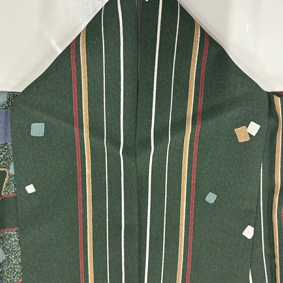 【美品】 小紋 身長160cm 袖長69cm L 雙層 縱條 幾何圖案 灰綠 化纖 秀品級