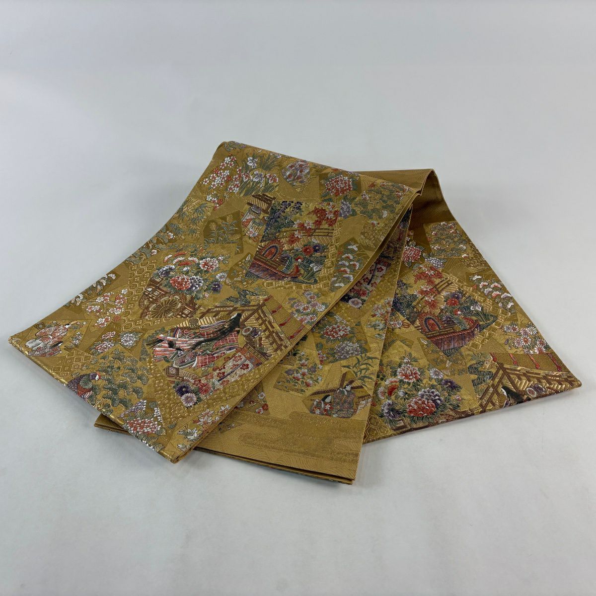 【美品】 袋帶 秀品級 姫 花車 金絲 金金箔 黃土色 六通 純蠶絲