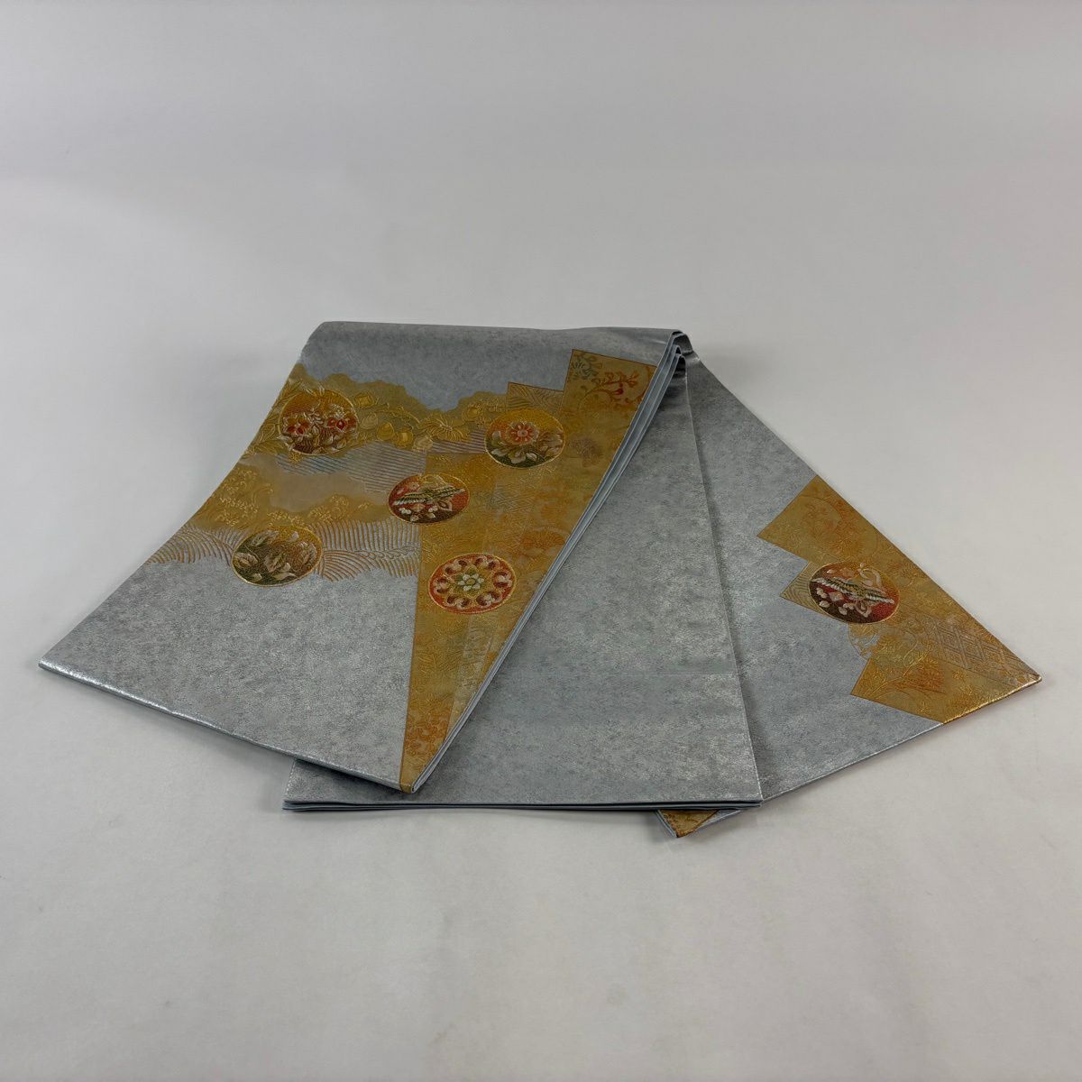 【美品】 袋帶 秀品級 華紋 鳥 刺繡 金銀彩 青灰 純蠶絲