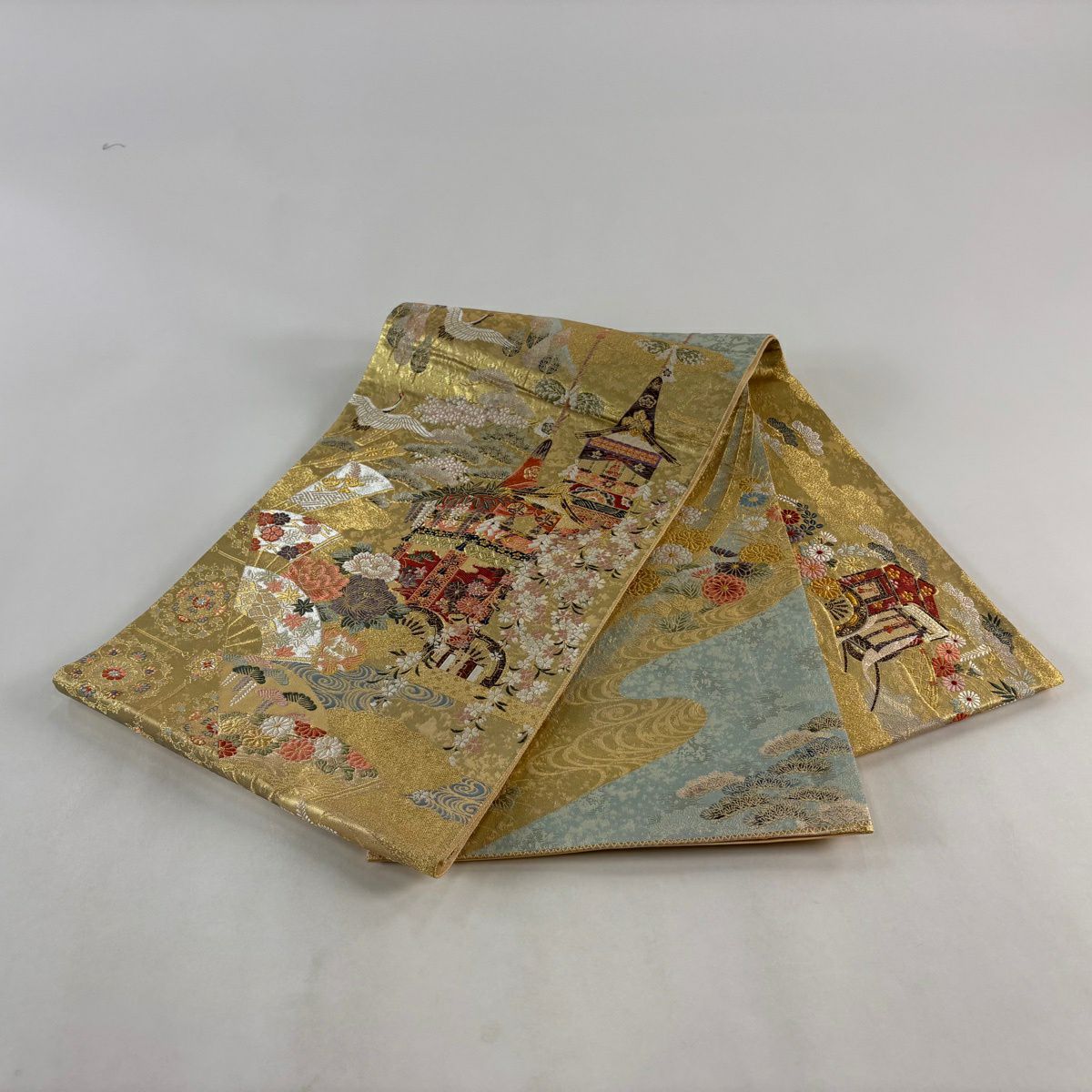 【美品】 袋帶 秀品級 山鉾 扇子 金銀彩 金金箔 金色 大鼓圖案 純蠶絲