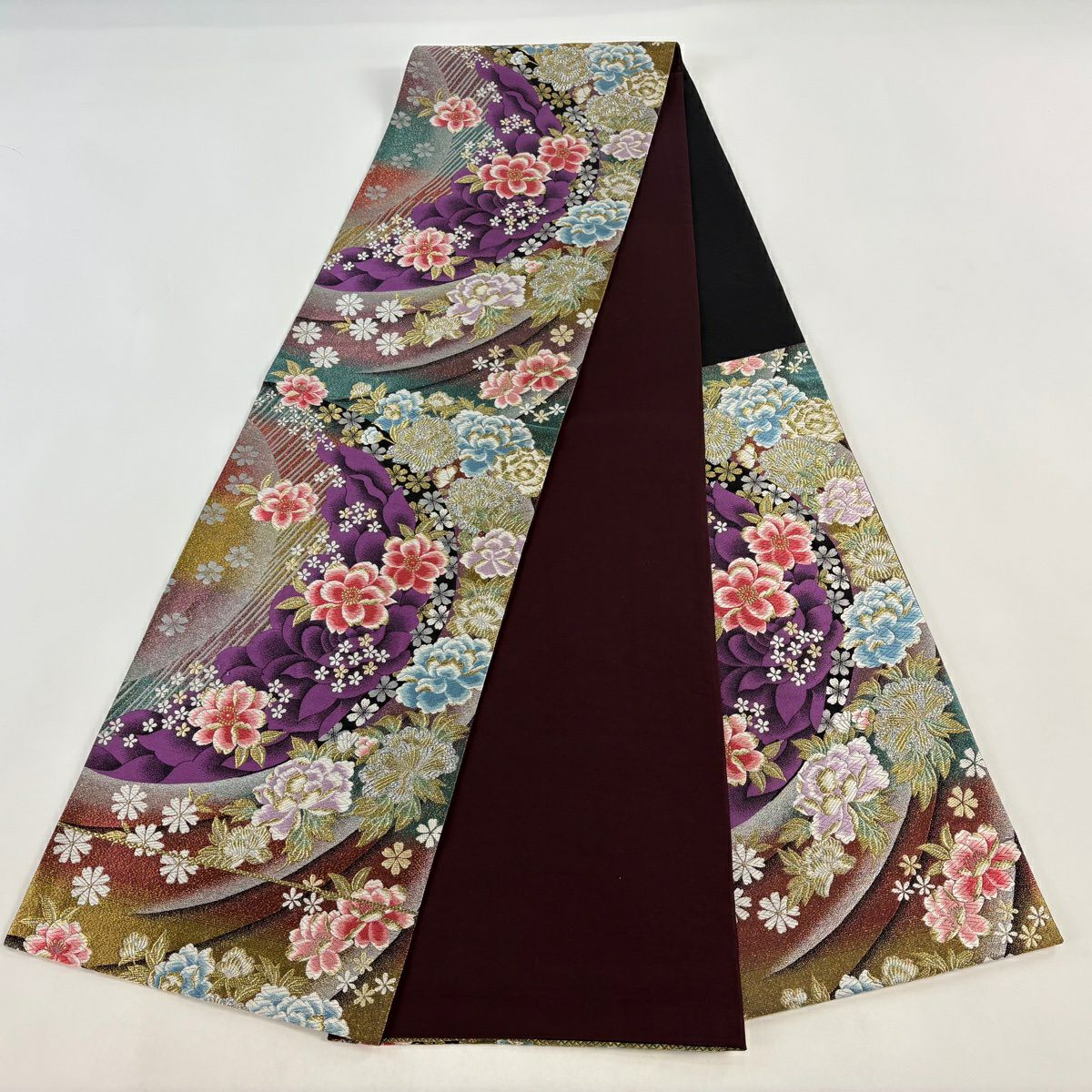 【美品】 袋帶 秀品級 振袖禮服禮服用 草花紋紋 幾何學 唐織 金絲 紫色 六通 純蠶絲