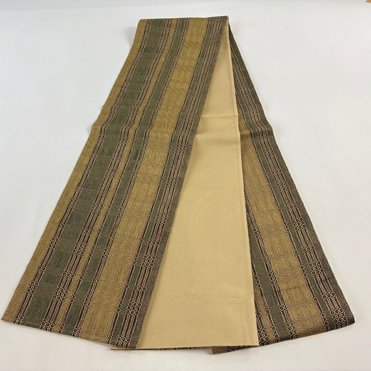 【美品】 袋帶 秀品級 縞 幾何學 金絲 金 全通 純蠶絲