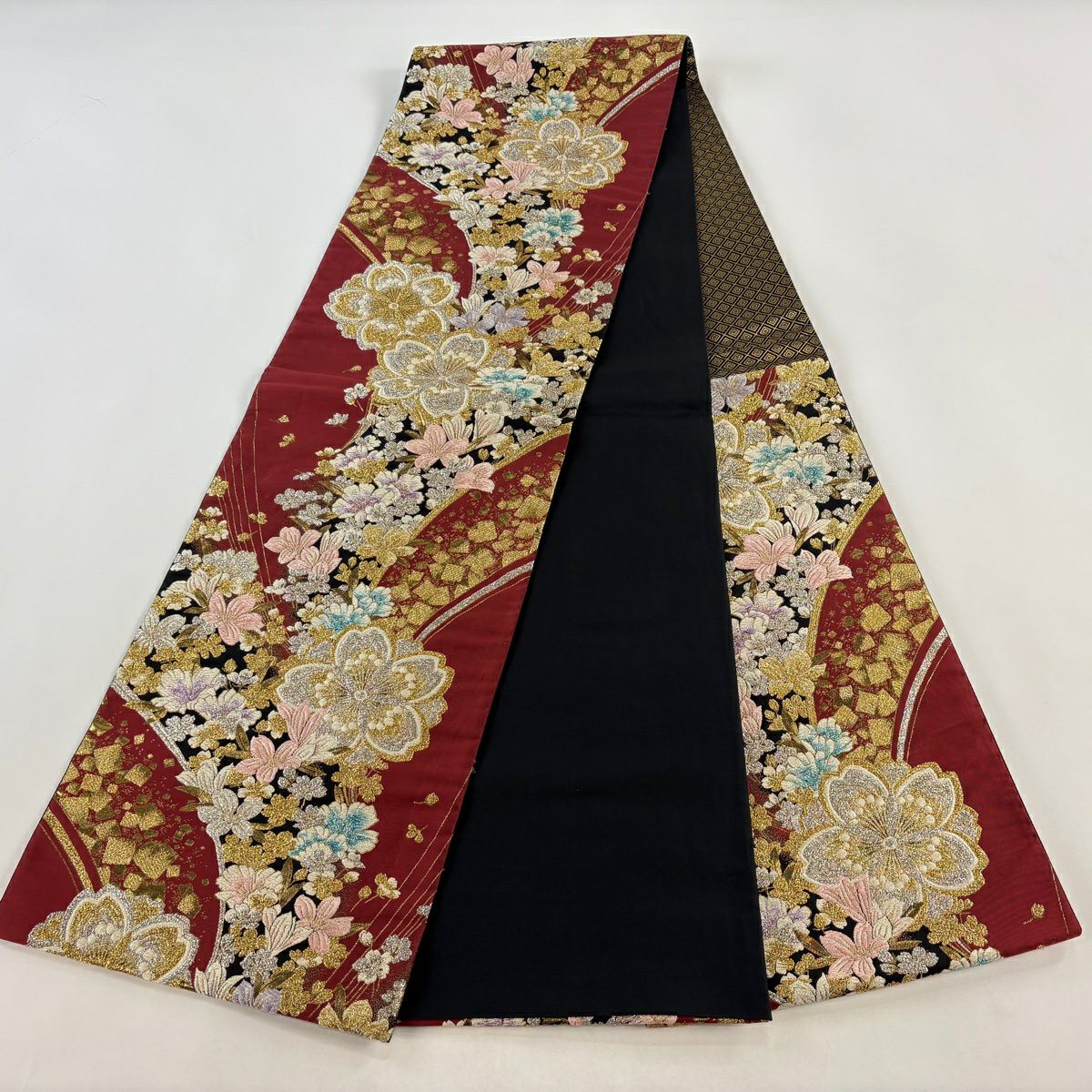袋帶 秀品級 花小袖 振袖禮服禮服用 櫻花 金金箔散佈 唐織 金金箔 茜色 六通 純蠶絲