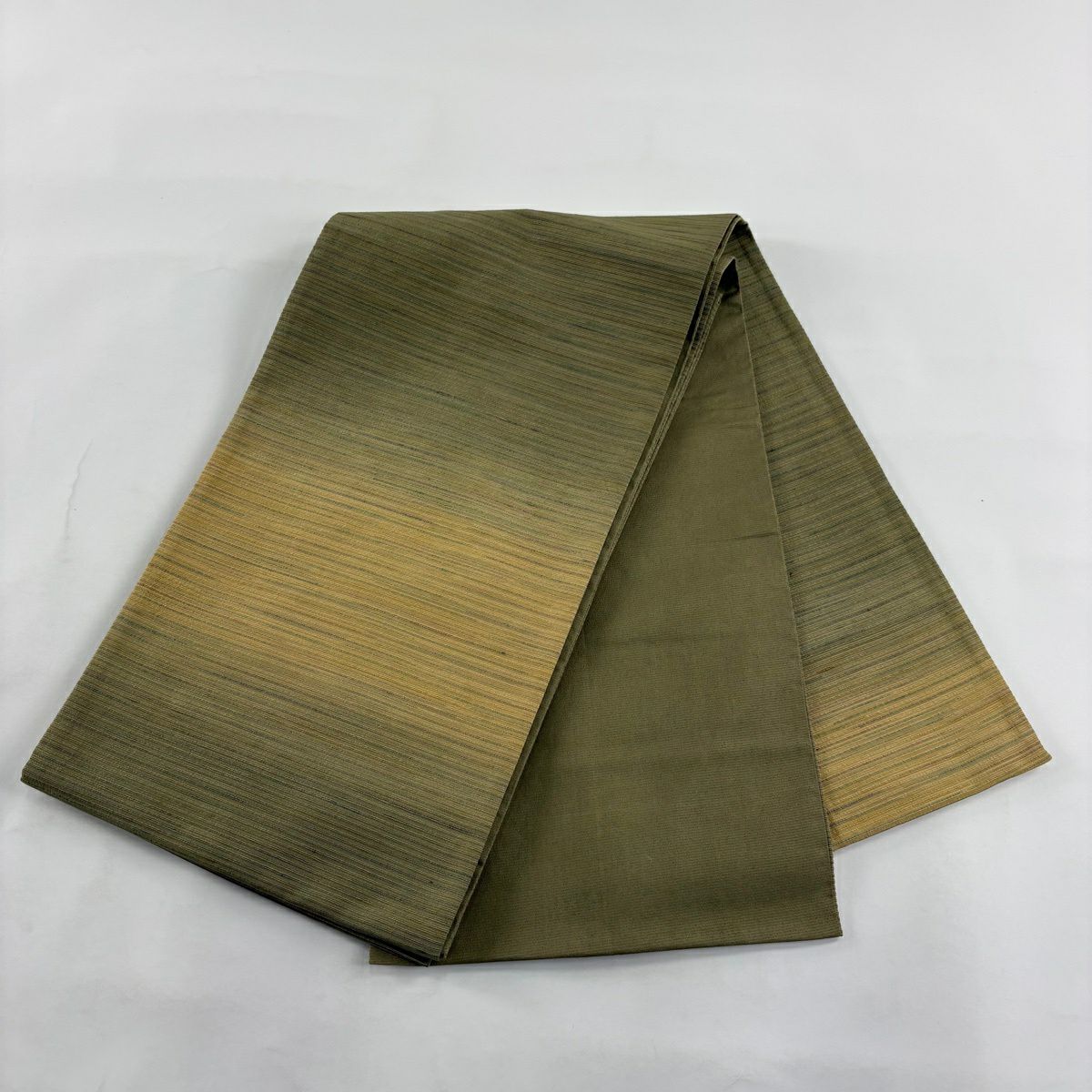 【美品】 袋帶 優品級 條紋 鶯色 大鼓圖案 純蠶絲