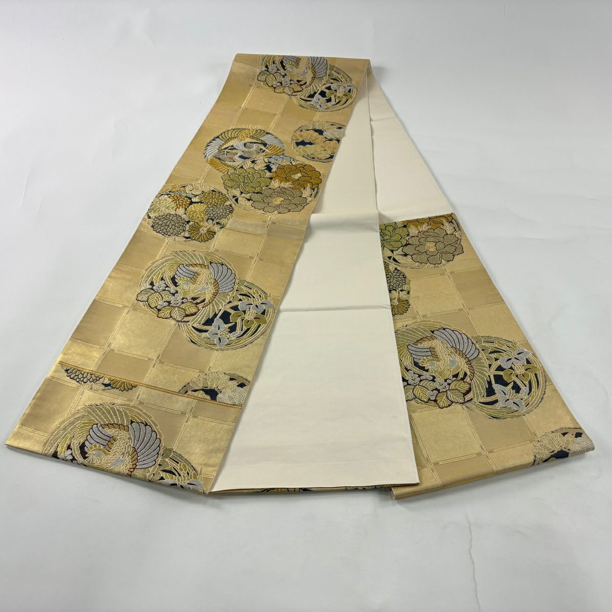【美品】 袋帶 秀品級 格天丸紋 花鳥 金銀絲 金金箔 金 六通 純蠶絲