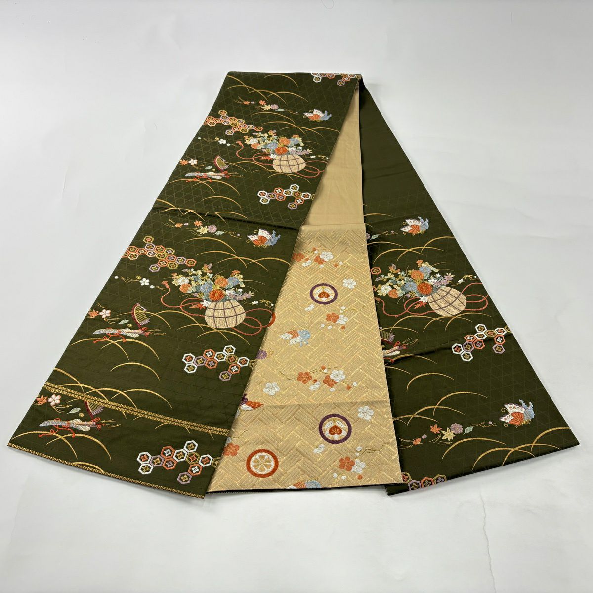 袋帶 秀品級 關西仕立 花籠 蝶 刺繡 金線 茶綠 六通 純蠶絲