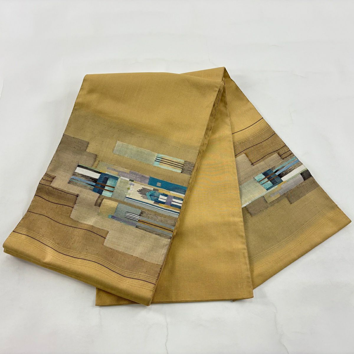 【美品】 袋帶 秀品級 幾何圖案 金絲 淺茶 細帶圖案 純蠶絲