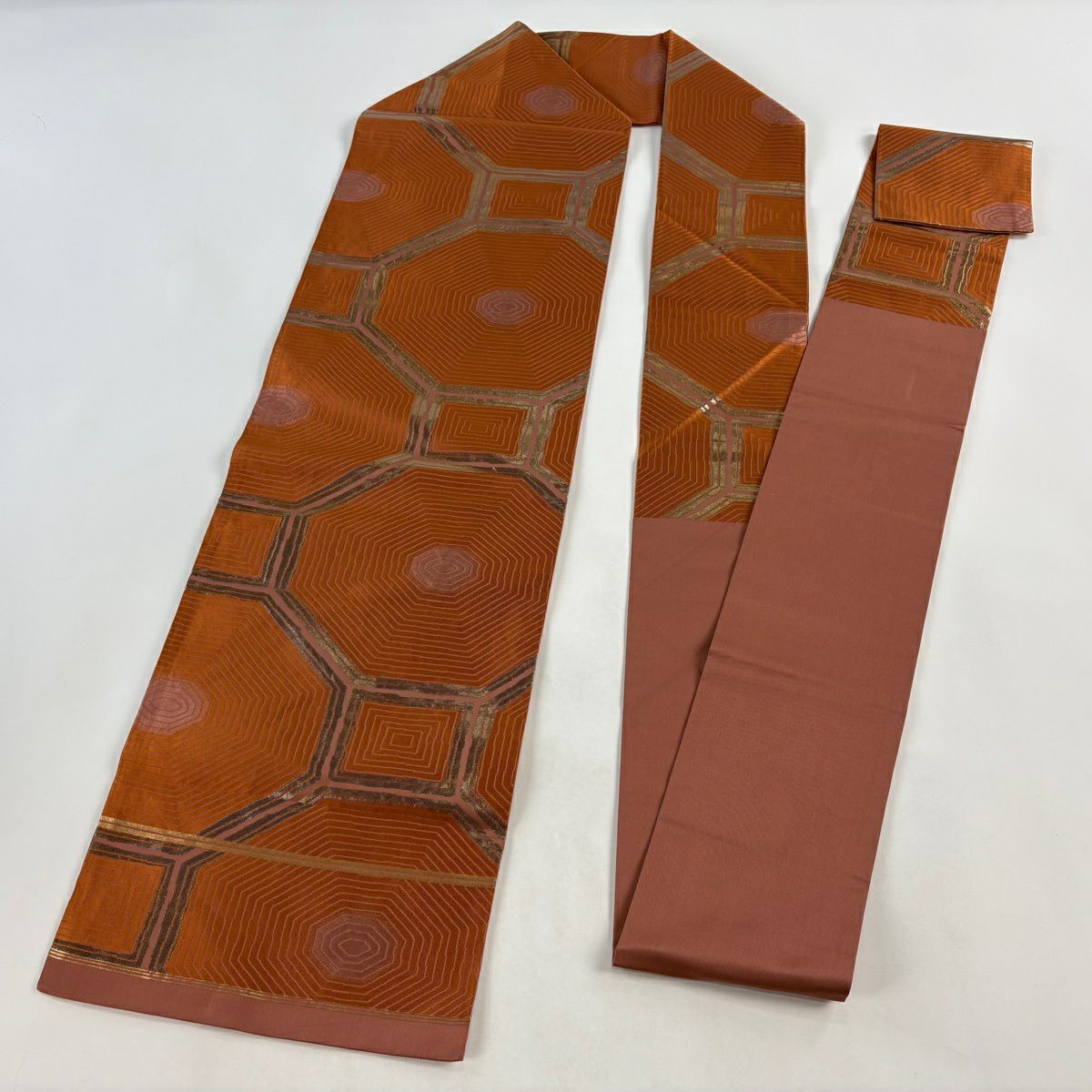 【美品】 名古屋帶 秀品級 關西仕立 蜀江文 龜甲 金金箔 橙色 純蠶絲