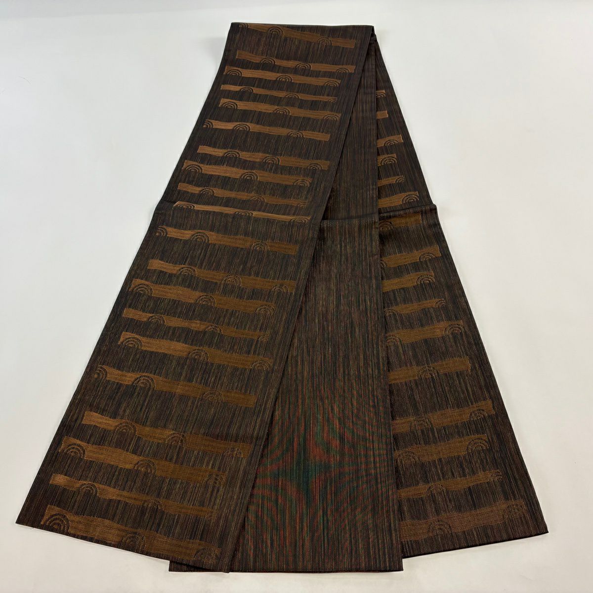 【美品】 袋帶 秀品級 渦卷 幾何圖案 金絲 焦茶 全通 純蠶絲