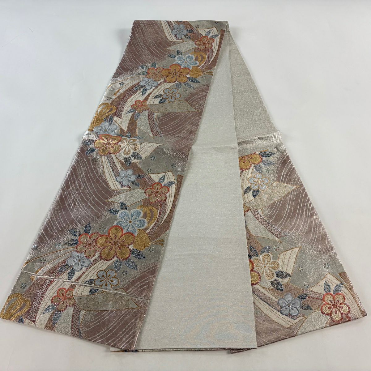 袋帶 秀品級 束帶熨斗紋 梅花 金絲 金金箔 淺小豆 六通 純蠶絲