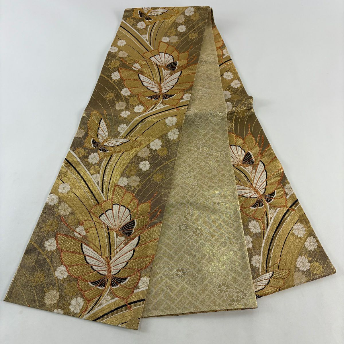 袋帶 優品級 振袖禮服禮服用 蝴蝶 櫻花 金絲 金金箔 金色 全通 純蠶絲