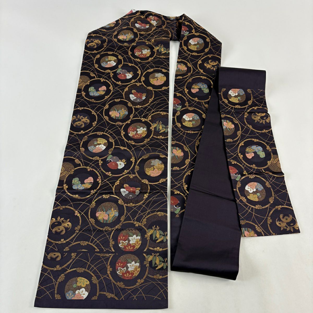 【美品】 名古屋帶 秀品級 松樹竹子梅花 圓文 金銀絲 金金箔 深紫 純蠶絲