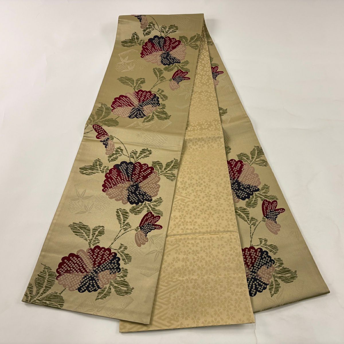 袋帶 秀品級 菊花花 刺繡 灰綠 六通 純蠶絲
