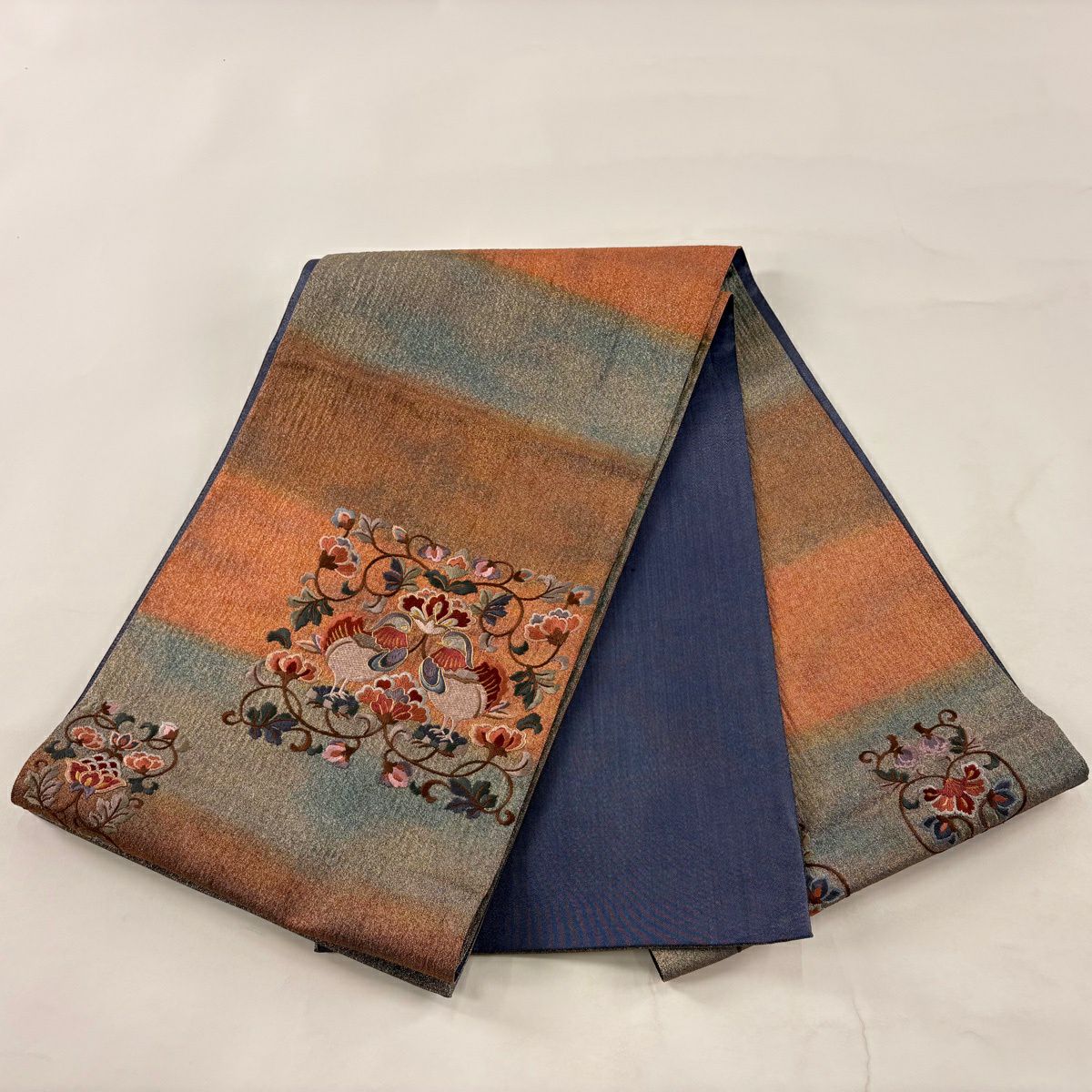 袋帶 秀品級 向鳥 花唐草紋 刺繡 金絲 紅茶 大鼓圖案 純蠶絲