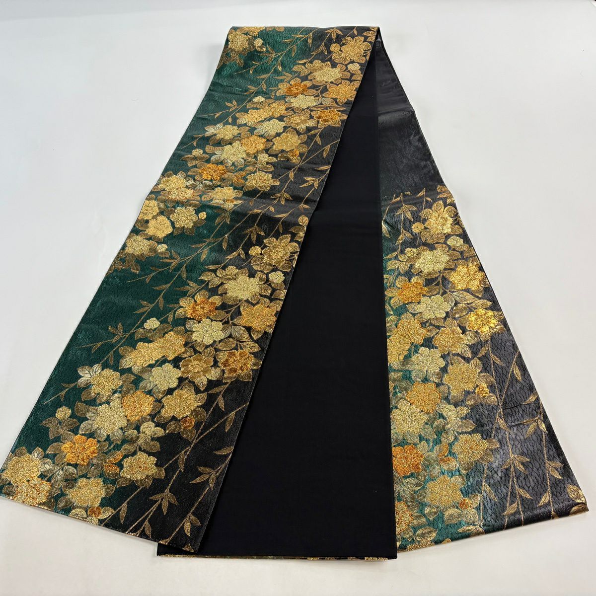 【美品】 袋帶 秀品級 枝花 幾何圖案 金金箔 金絲 深綠 六通 純蠶絲